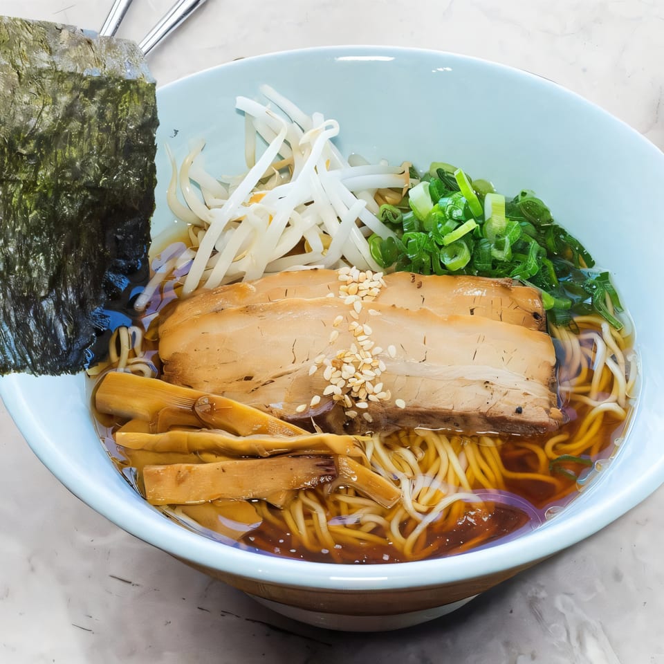 A light blue bowl of ramen with pork, bamboo shoots, scallions, bean sprouts, and nori.